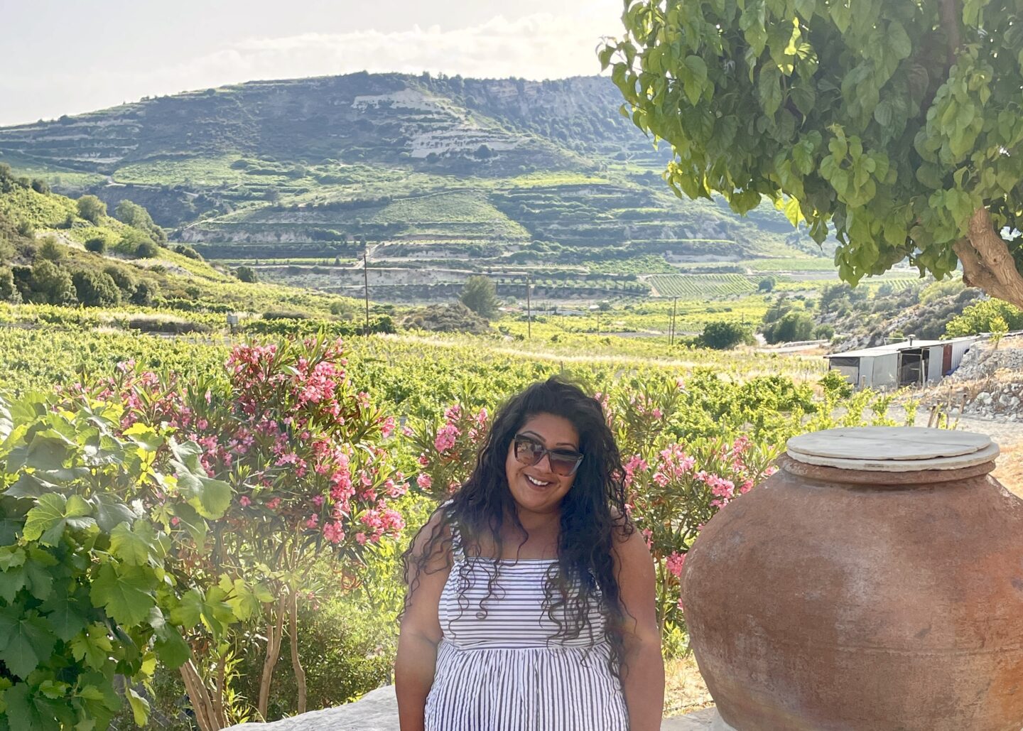 me at Ktima Gerolemo with the mountains and vineyard behind me
