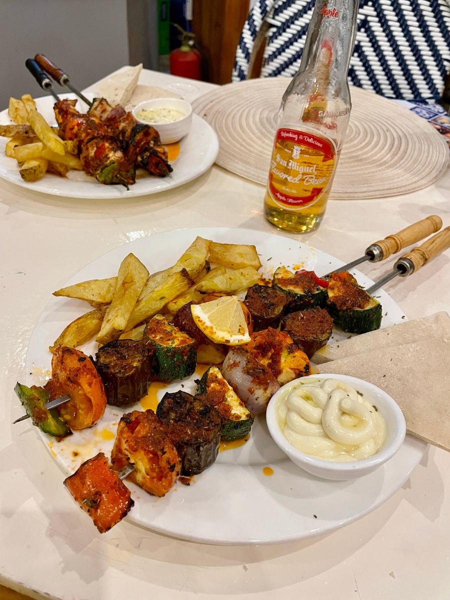 vegetable souvlaki and chips at cafe athena, el nido