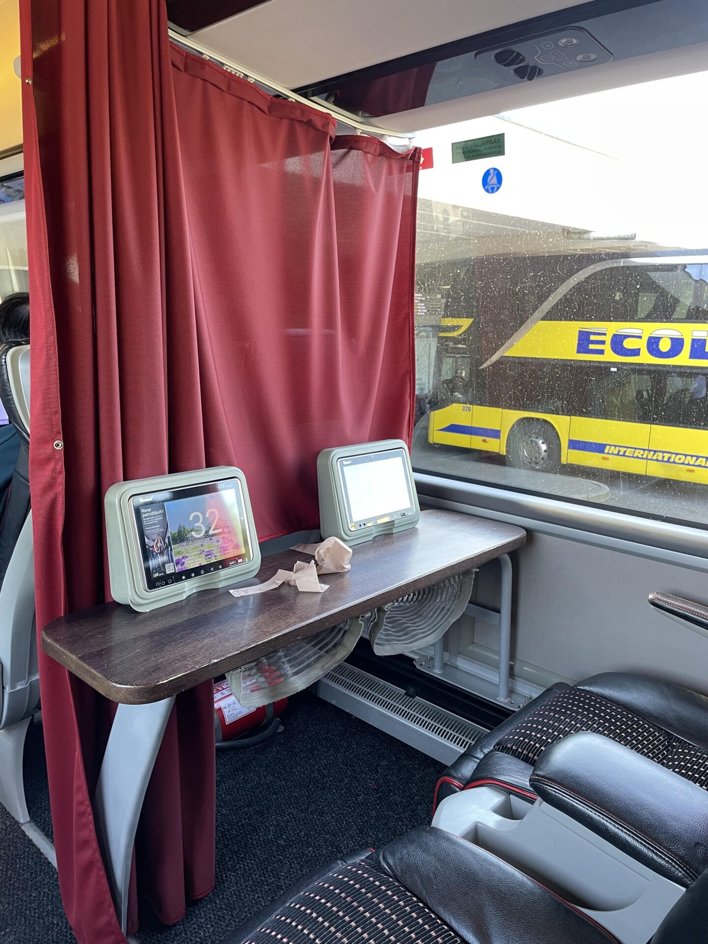 inside a Lux Express lounge bus at Vilnius Bus station
