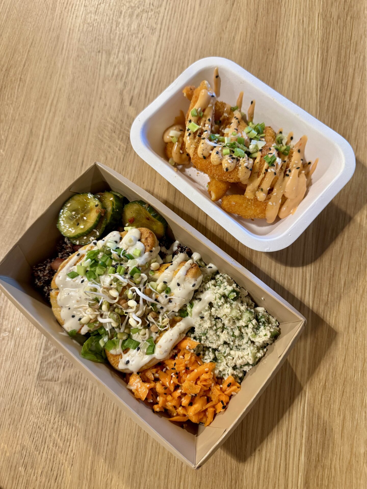 vegan shrimp starter and vegan chicken salad at Balti Jaama Turg