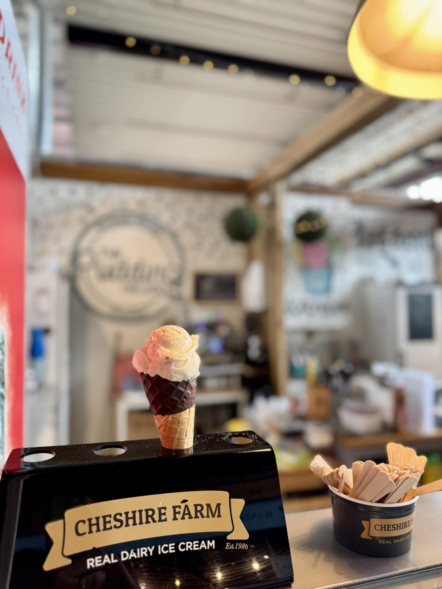 Cheshire Farm ice cream in a cone at Chester Market