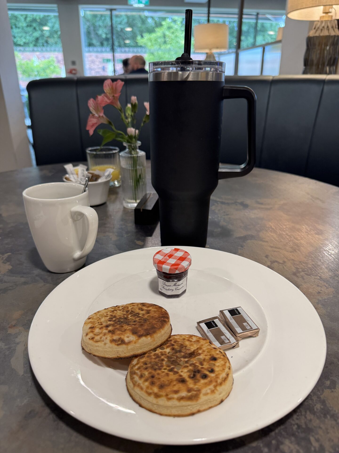 Two crumpets and a cup of coffee