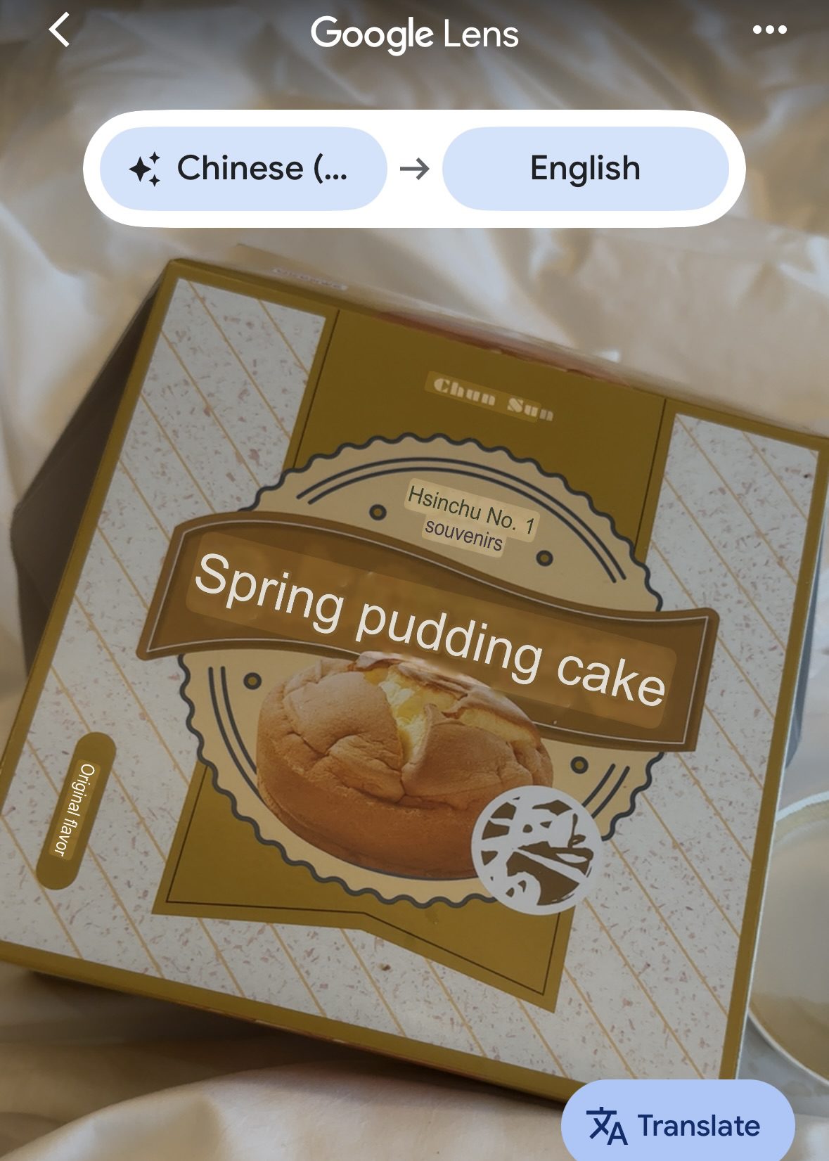 A screenshot of a photo of me holding a cake in a box, after I scan it with Google Lens to translate the text. It translated to 'spring pudding cake'.