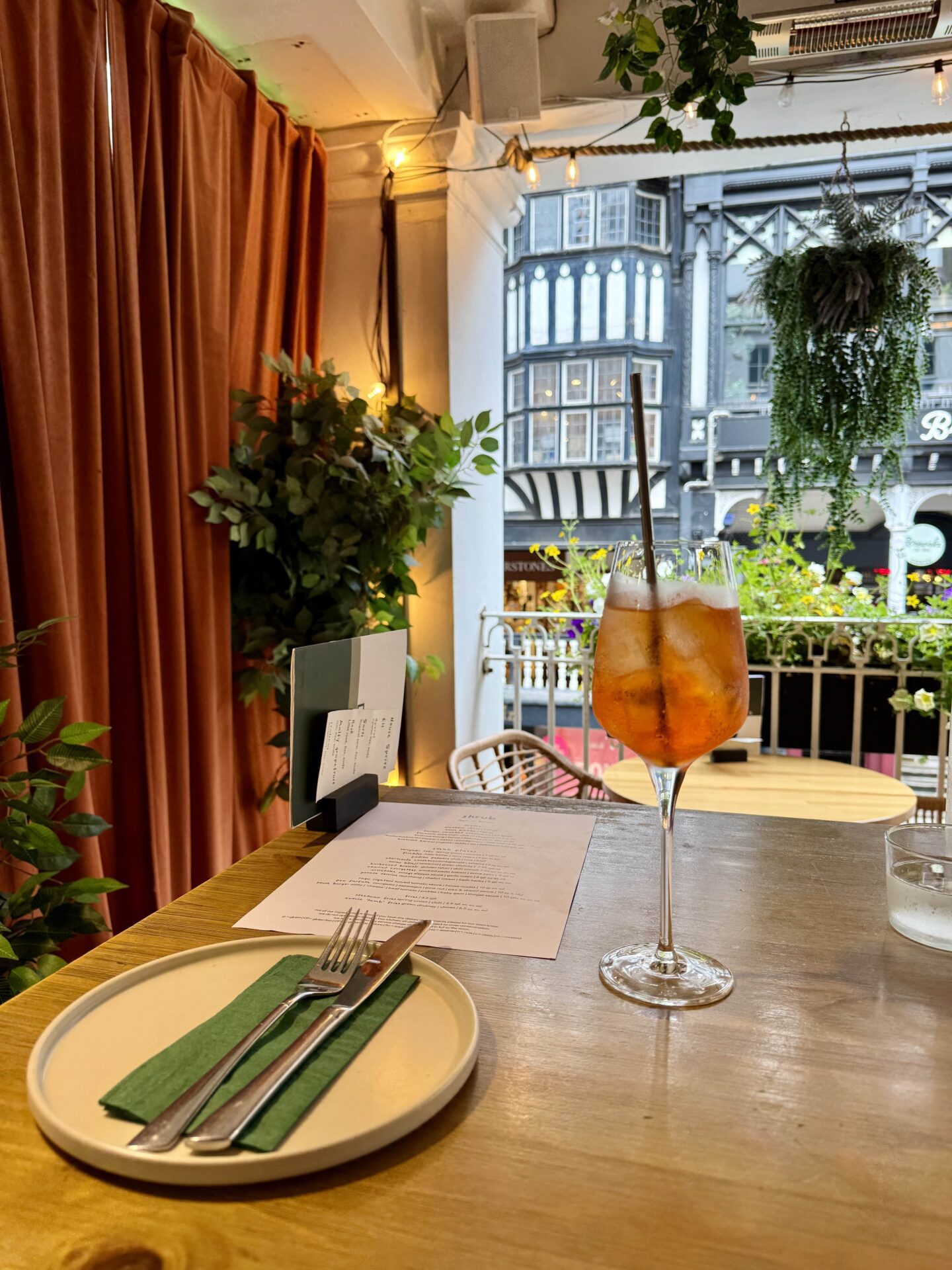 Aperol Spritz on the outdoor terrace at Shrub Chester