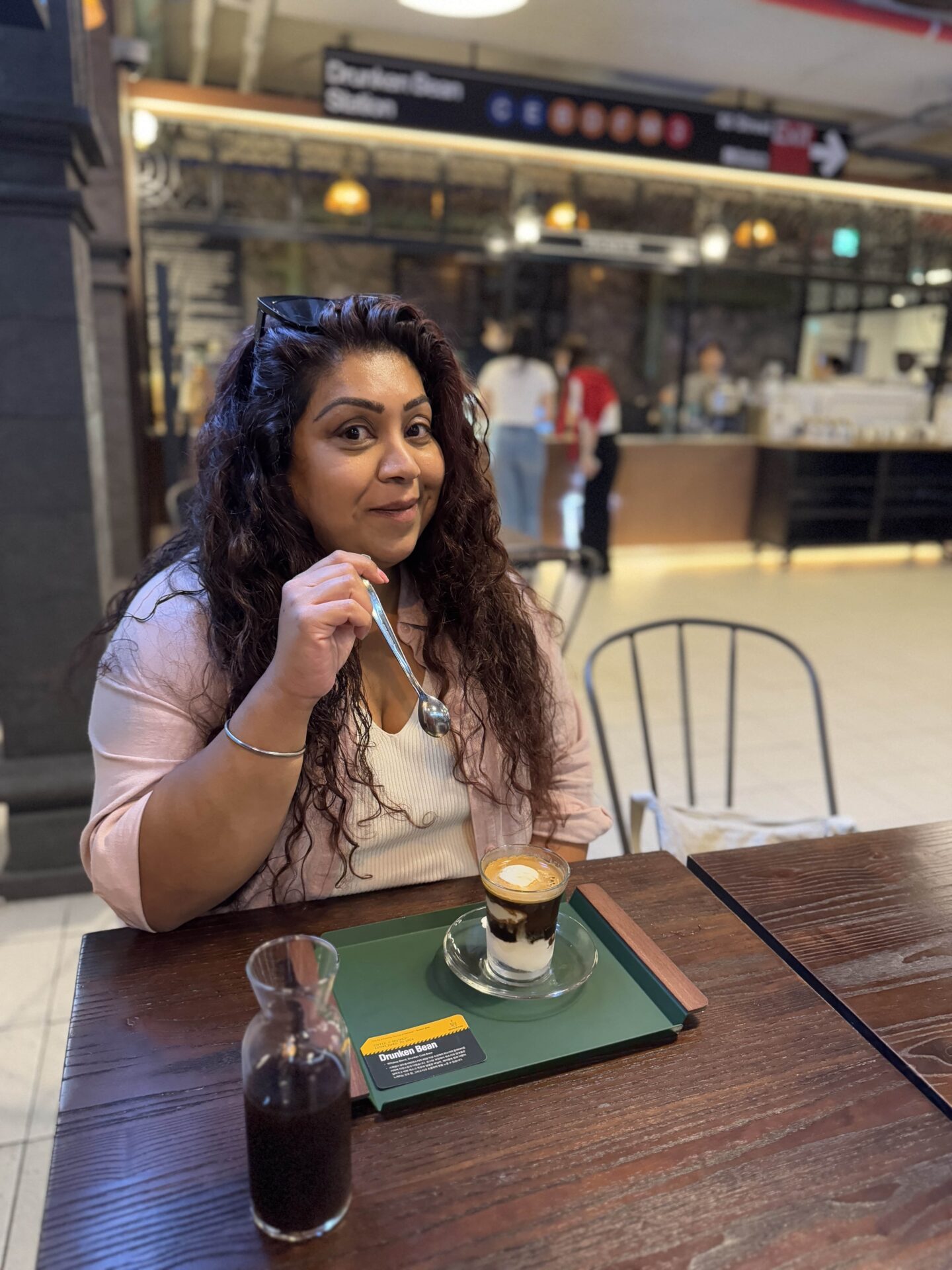 Nishi about to eat an affogato at Drunken Bean 드렁큰빈 - a New York subway themed cafe in Gangnam, Seoul