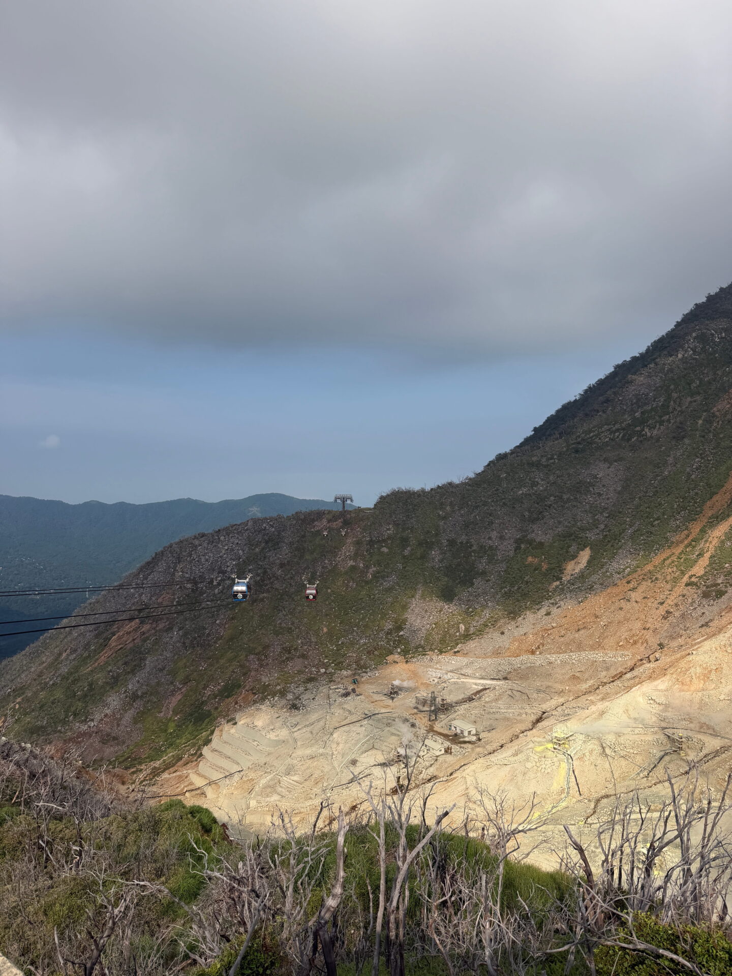 Hakone Ropeway cable cars cross the rugged mountainside above the pale volcanic landscape of Owakudani. Dark clouds hang over the valley while patches of yellow volcanic ground are visible below.