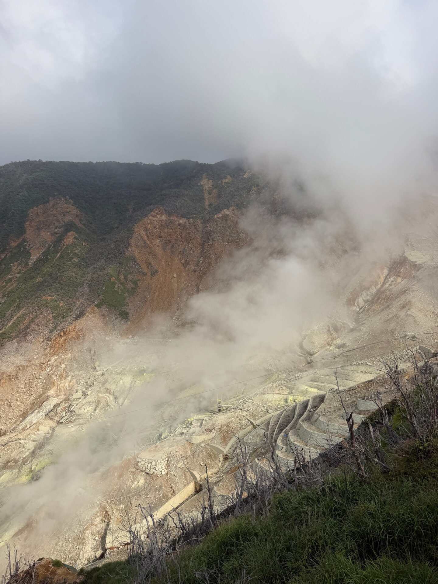 Thick clouds of steam rise from the pale yellow volcanic ground at Owakudani in Hakone. The steaming valley is surrounded by steep rocky mountainsides with patches of green vegetation.
