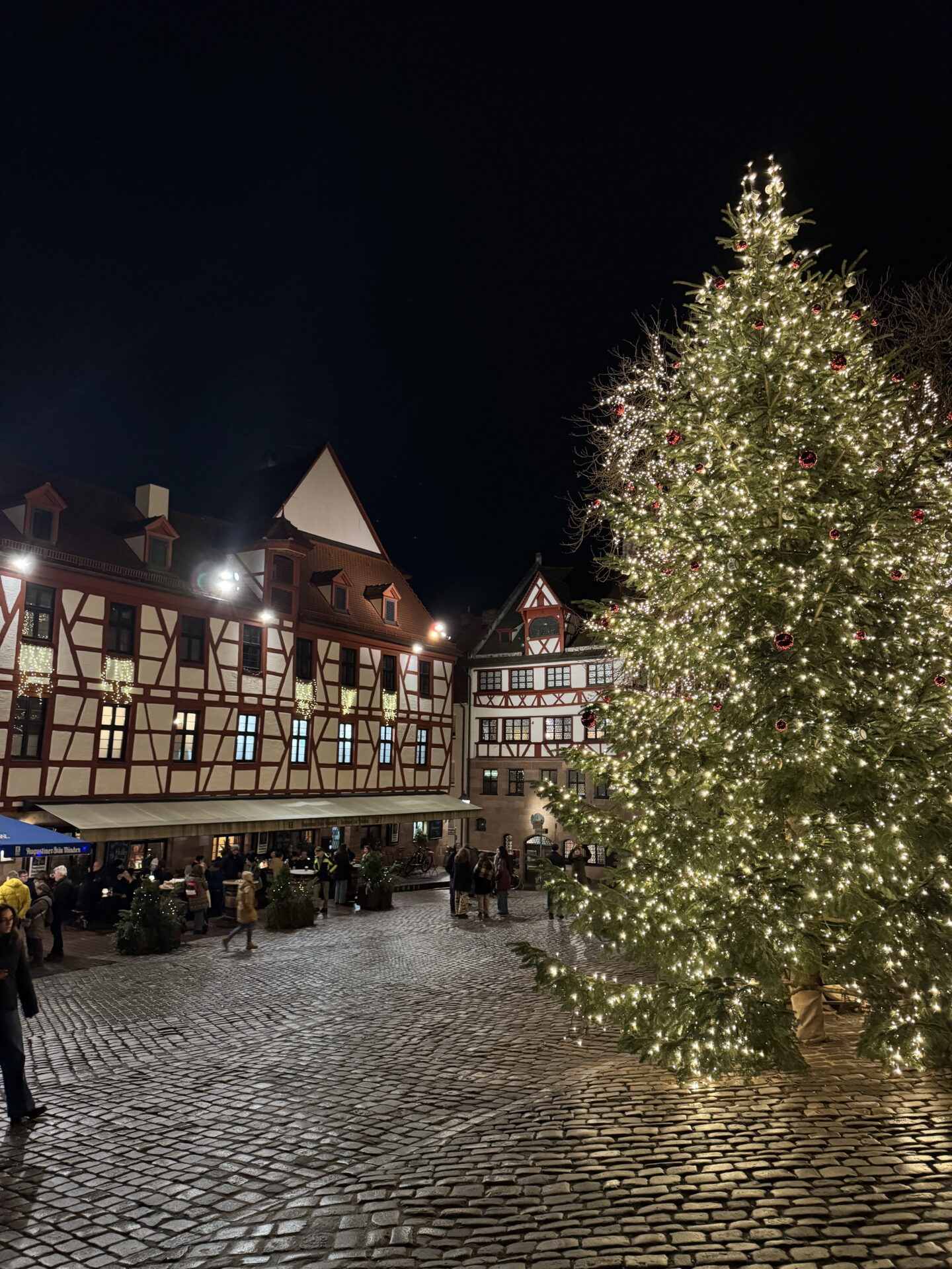 A towering Christmas tree covered in warm white fairy lights and red baubles stands in a cobbled courtyard surrounded by traditional half timbered buildings. Visitors gather around the festive square at night, with illuminated windows and Christmas decorations adding to the atmosphere.